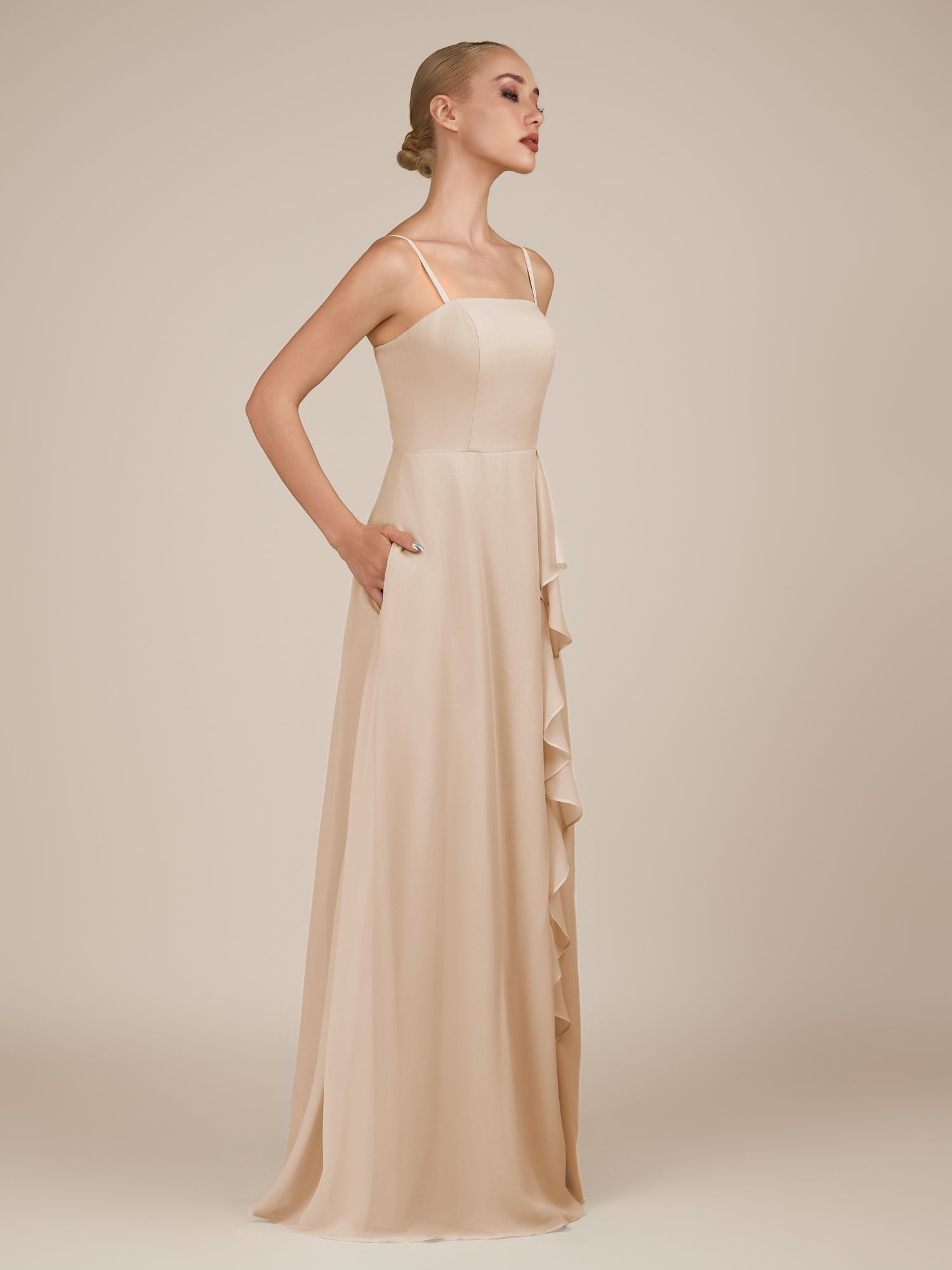 KissDress-Queniva Pale Blush Sheath Chiffon Spaghetti Straps Ruffles Long Bridesmaid Dress with Slit