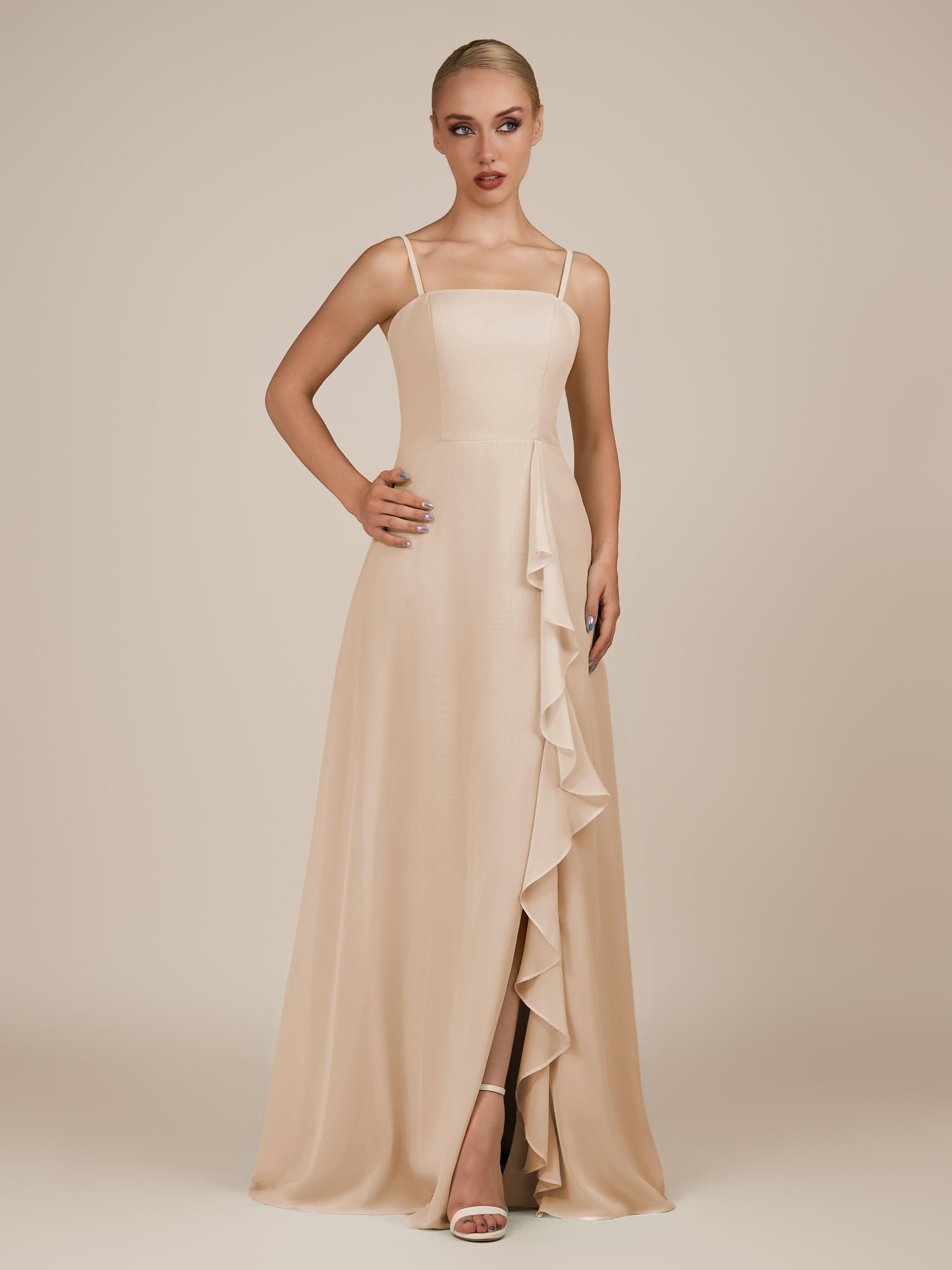 KissDress-Queniva Pale Blush Sheath Chiffon Spaghetti Straps Ruffles Long Bridesmaid Dress with Slit