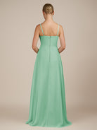 KissDress-Queniva Pale Pistachio Sheath Chiffon Spaghetti Straps Ruffles Long Bridesmaid Dress with Slit