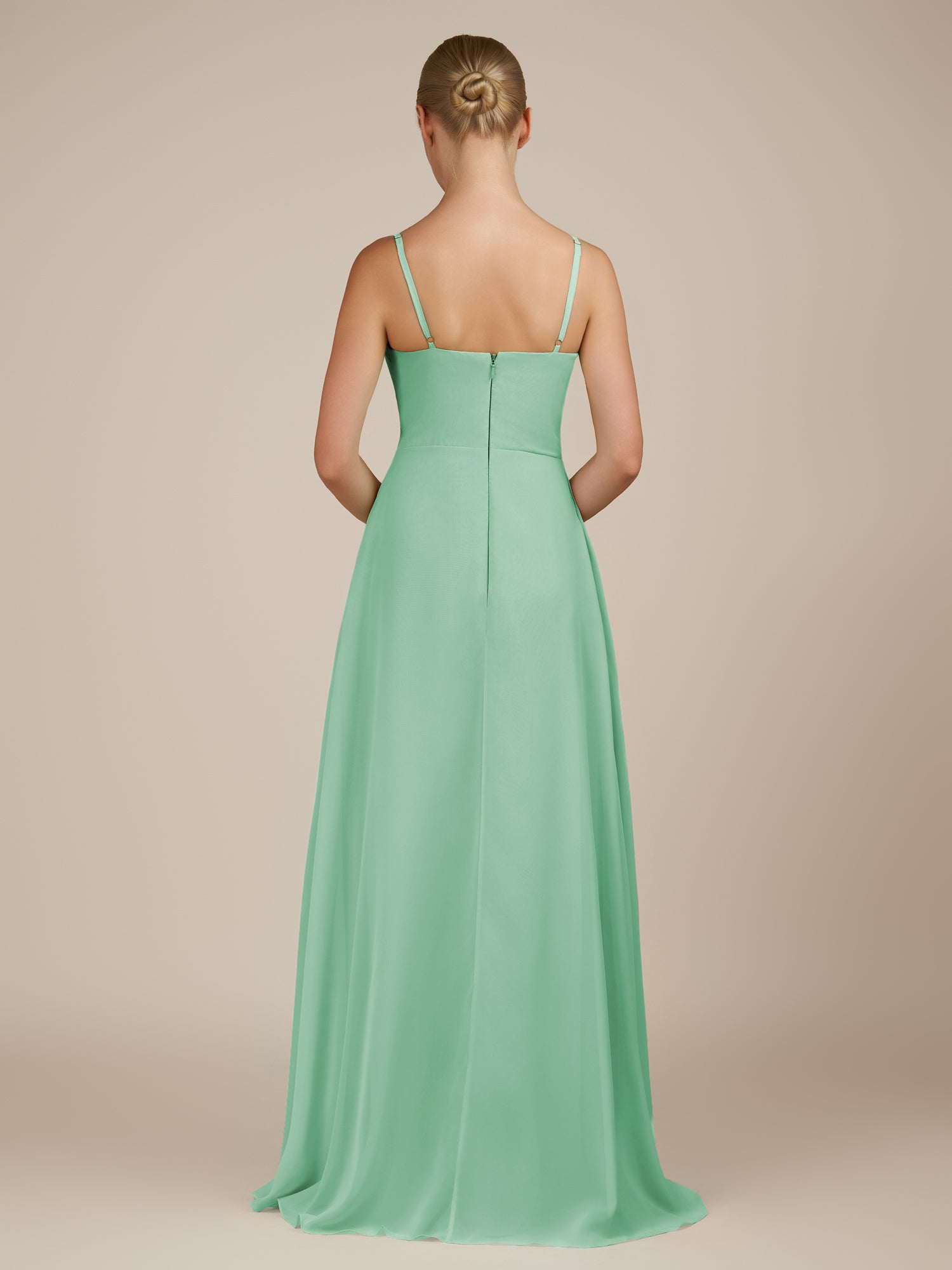 KissDress-Queniva Pale Pistachio Sheath Chiffon Spaghetti Straps Ruffles Long Bridesmaid Dress with Slit