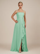 KissDress-Queniva Pale Pistachio Sheath Chiffon Spaghetti Straps Ruffles Long Bridesmaid Dress with Slit