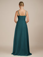 KissDress-Queniva Pine Sheath Chiffon Spaghetti Straps Ruffles Long Bridesmaid Dress with Slit
