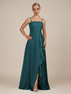KissDress-Queniva Pine Sheath Chiffon Spaghetti Straps Ruffles Long Bridesmaid Dress with Slit