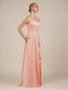 KissDress-Queniva Rose Petal Sheath Chiffon Spaghetti Straps Ruffles Long Bridesmaid Dress with Slit