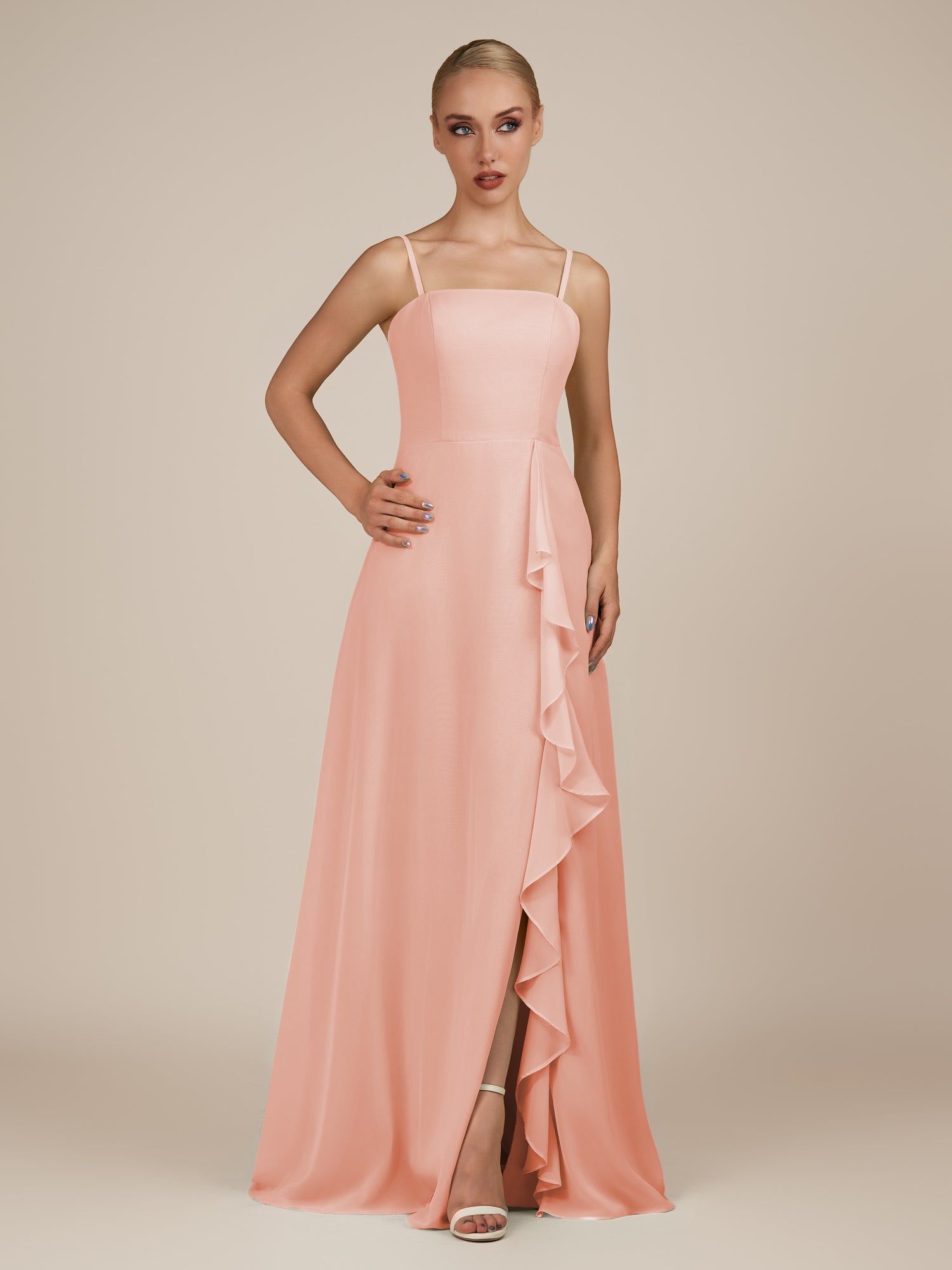KissDress-Queniva Rose Petal Sheath Chiffon Spaghetti Straps Ruffles Long Bridesmaid Dress with Slit