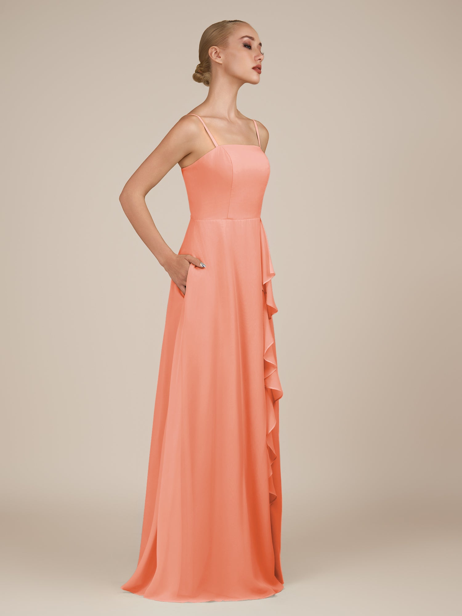 KissDress-Queniva Rosette Sheath Chiffon Spaghetti Straps Ruffles Long Bridesmaid Dress with Slit