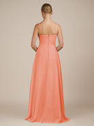 KissDress-Queniva Rosette Sheath Chiffon Spaghetti Straps Ruffles Long Bridesmaid Dress with Slit