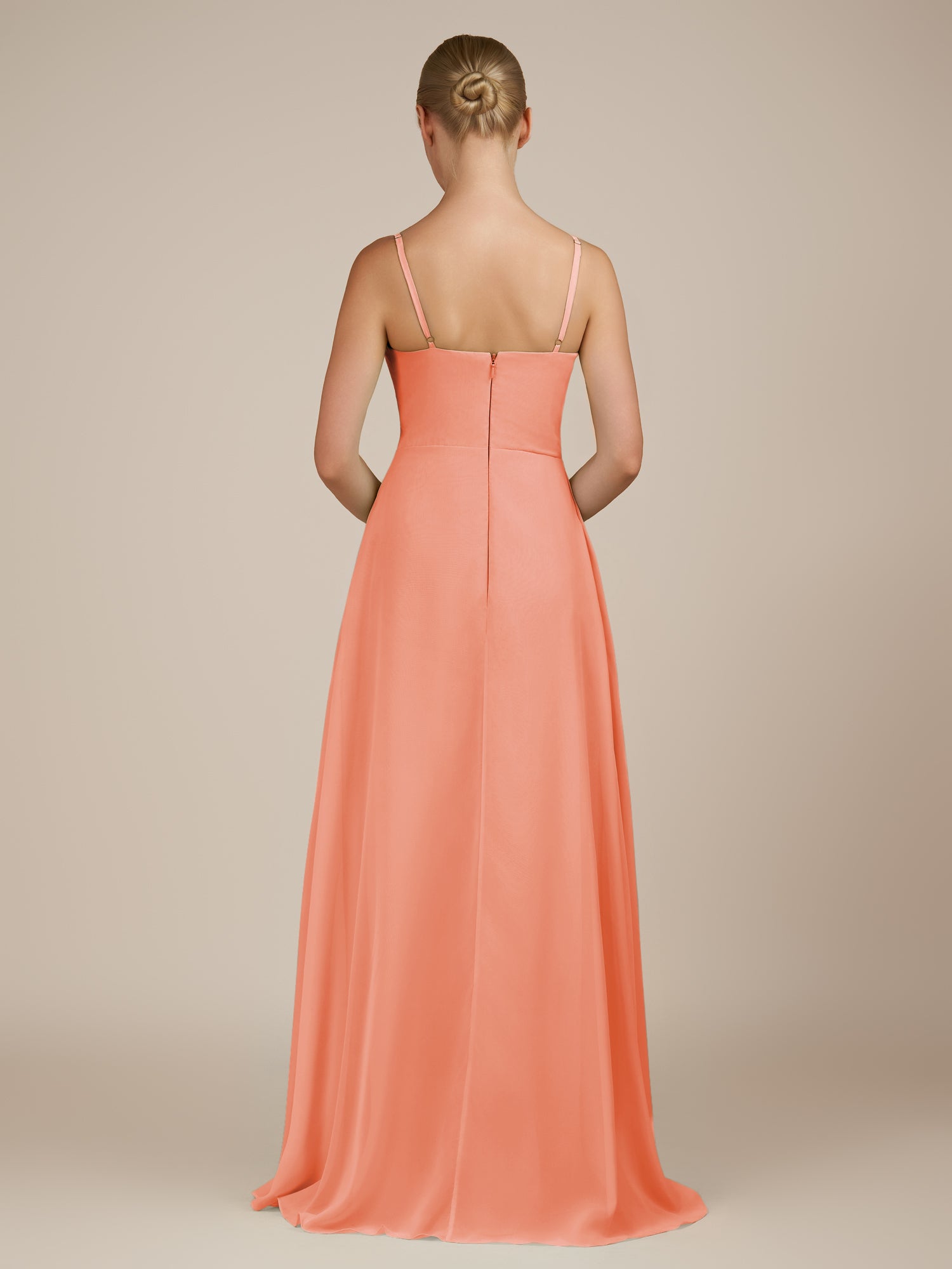 KissDress-Queniva Rosette Sheath Chiffon Spaghetti Straps Ruffles Long Bridesmaid Dress with Slit