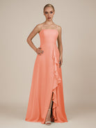 KissDress-Queniva Rosette Sheath Chiffon Spaghetti Straps Ruffles Long Bridesmaid Dress with Slit