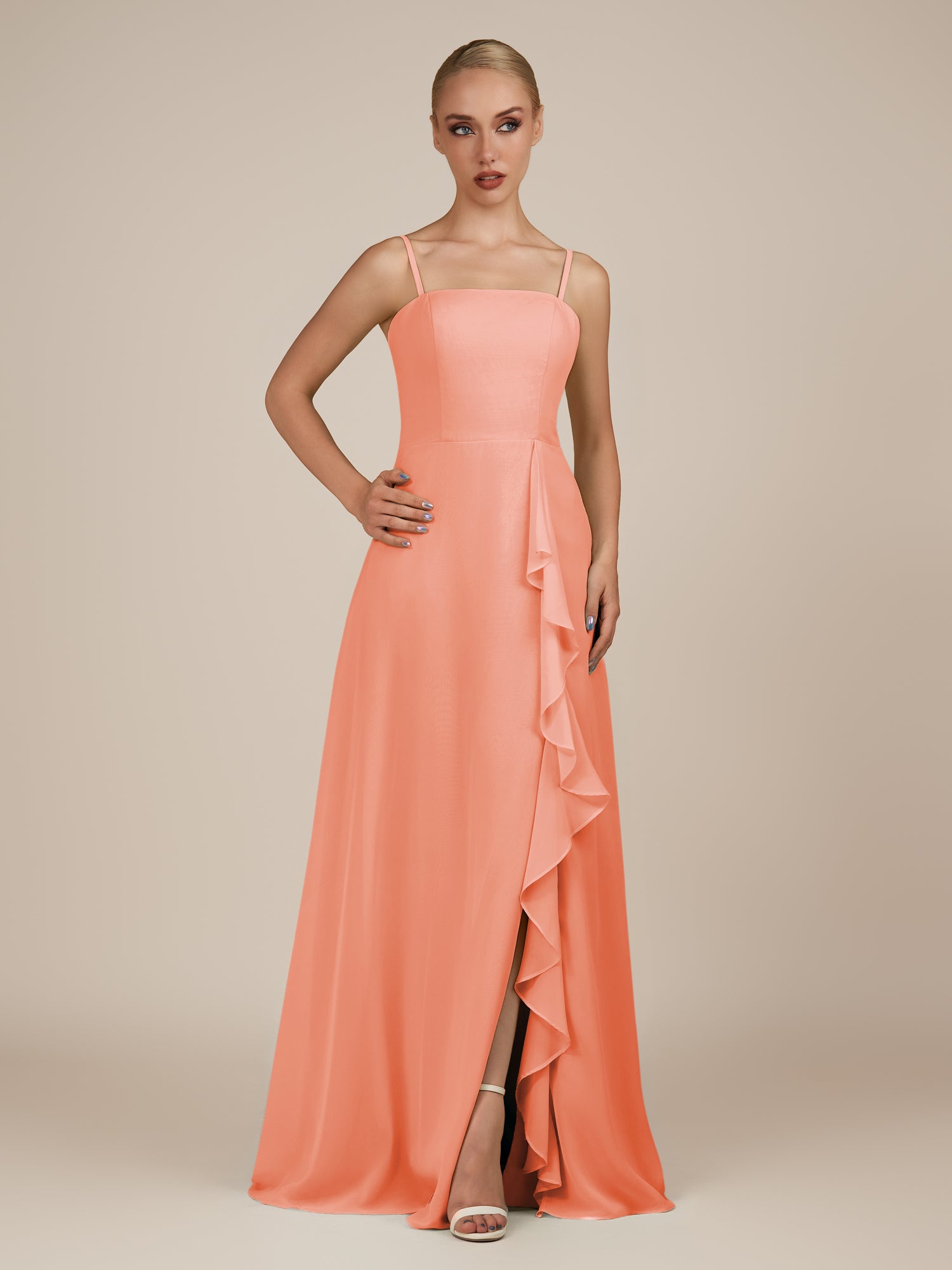 KissDress-Queniva Rosette Sheath Chiffon Spaghetti Straps Ruffles Long Bridesmaid Dress with Slit