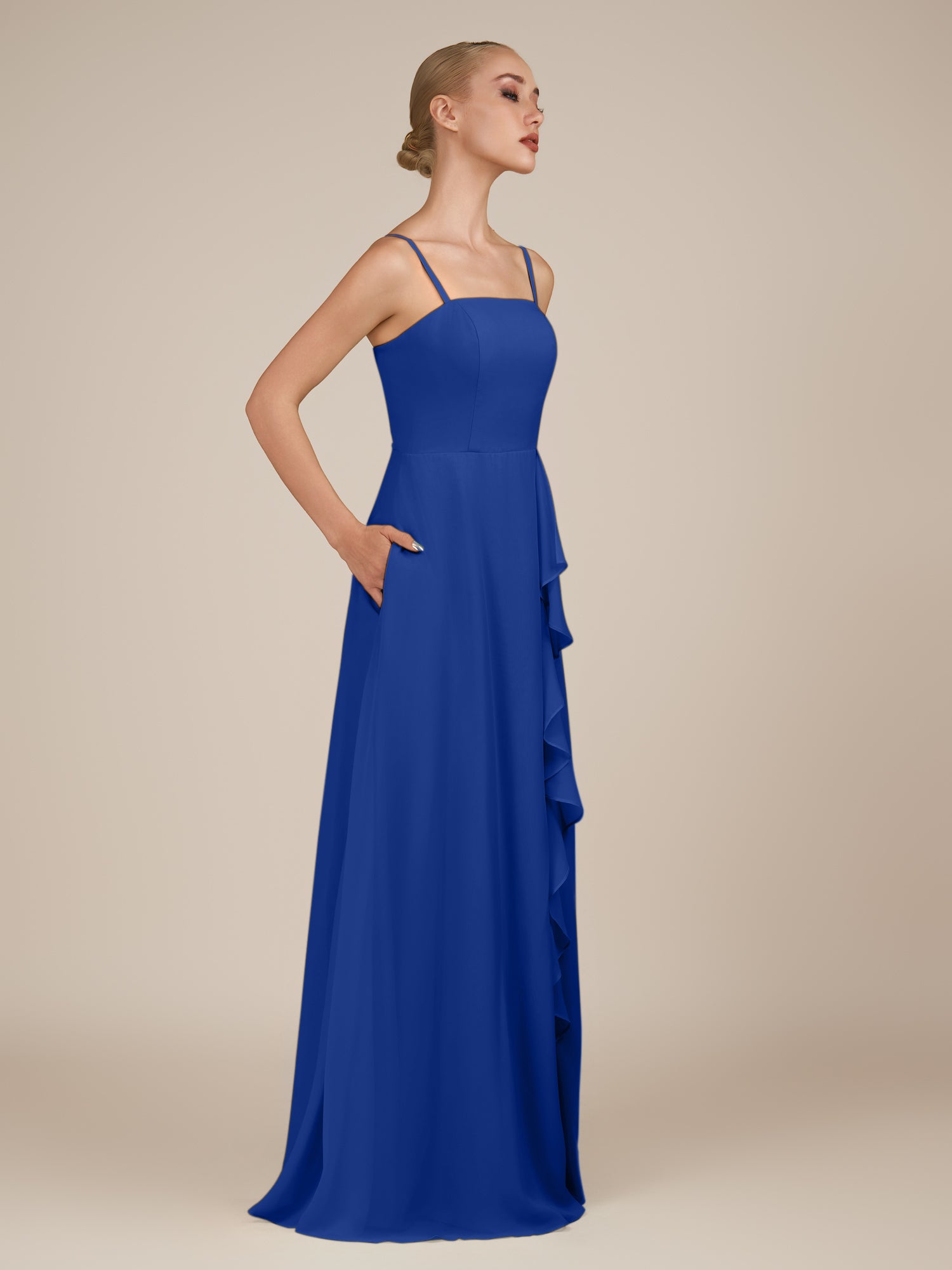 KissDress-Queniva Royal Blue Sheath Chiffon Spaghetti Straps Ruffles Long Bridesmaid Dress with Slit