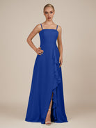 KissDress-Queniva Royal Blue Sheath Chiffon Spaghetti Straps Ruffles Long Bridesmaid Dress with Slit