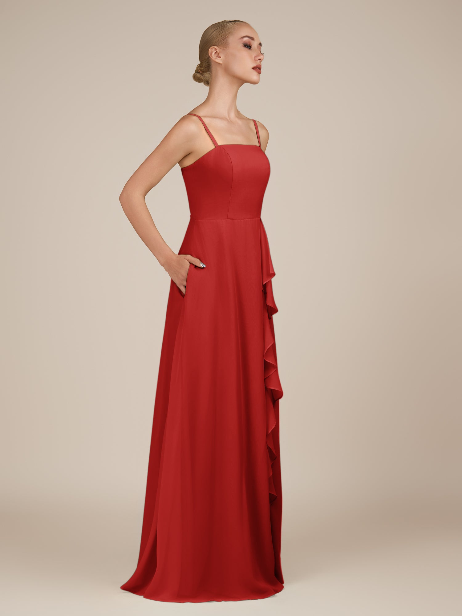 KissDress-Queniva Ruby Red Sheath Chiffon Spaghetti Straps Ruffles Long Bridesmaid Dress with Slit