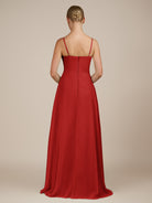 KissDress-Queniva Ruby Red Sheath Chiffon Spaghetti Straps Ruffles Long Bridesmaid Dress with Slit