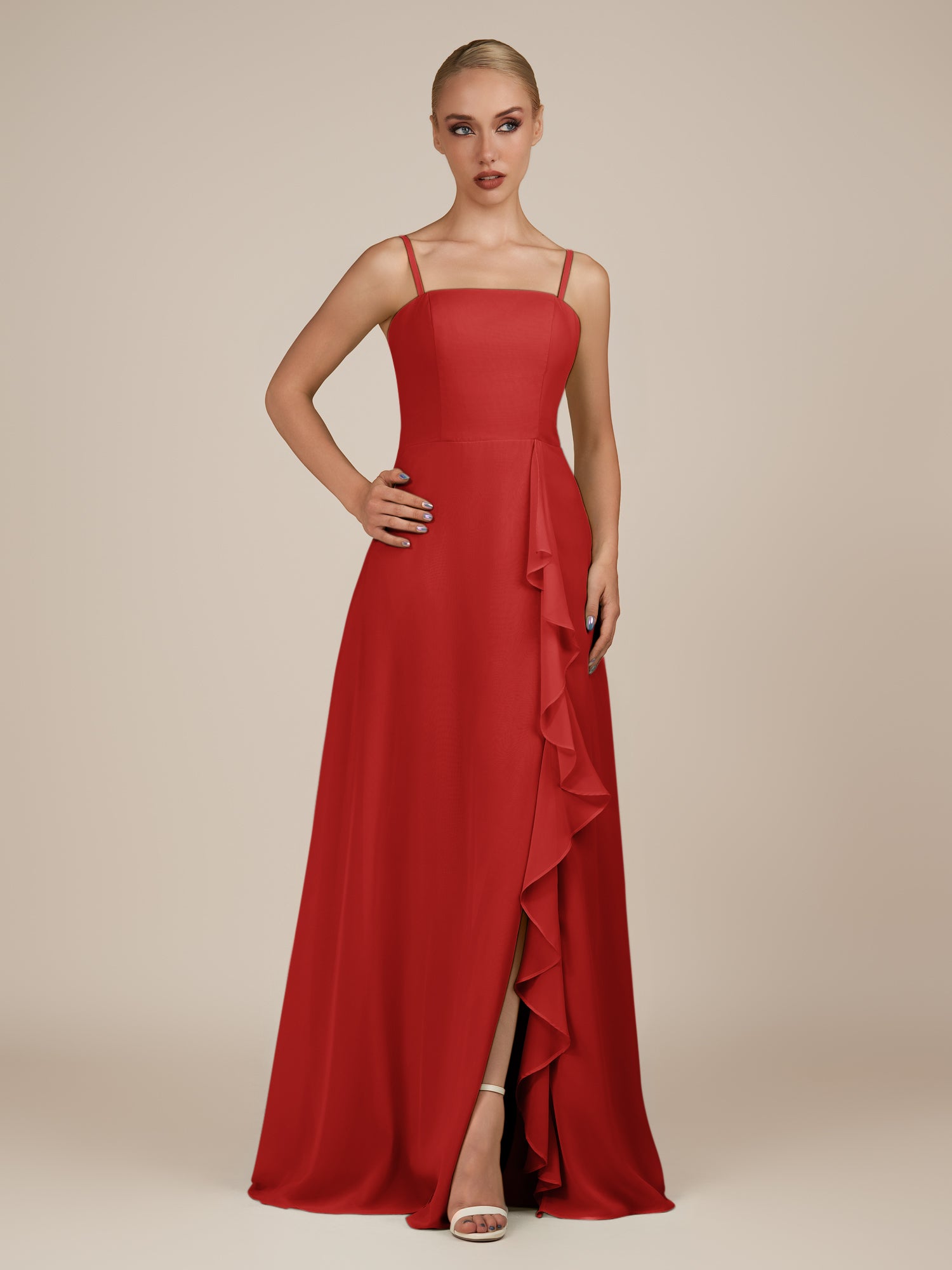 KissDress-Queniva Ruby Red Sheath Chiffon Spaghetti Straps Ruffles Long Bridesmaid Dress with Slit