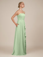 KissDress-Queniva Sage Sheath Chiffon Spaghetti Straps Ruffles Long Bridesmaid Dress with Slit