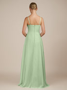 KissDress-Queniva Sage Sheath Chiffon Spaghetti Straps Ruffles Long Bridesmaid Dress with Slit