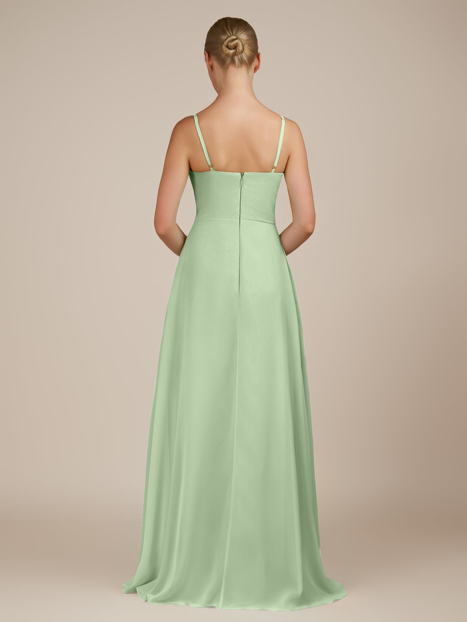 KissDress-Queniva Sage Sheath Chiffon Spaghetti Straps Ruffles Long Bridesmaid Dress with Slit