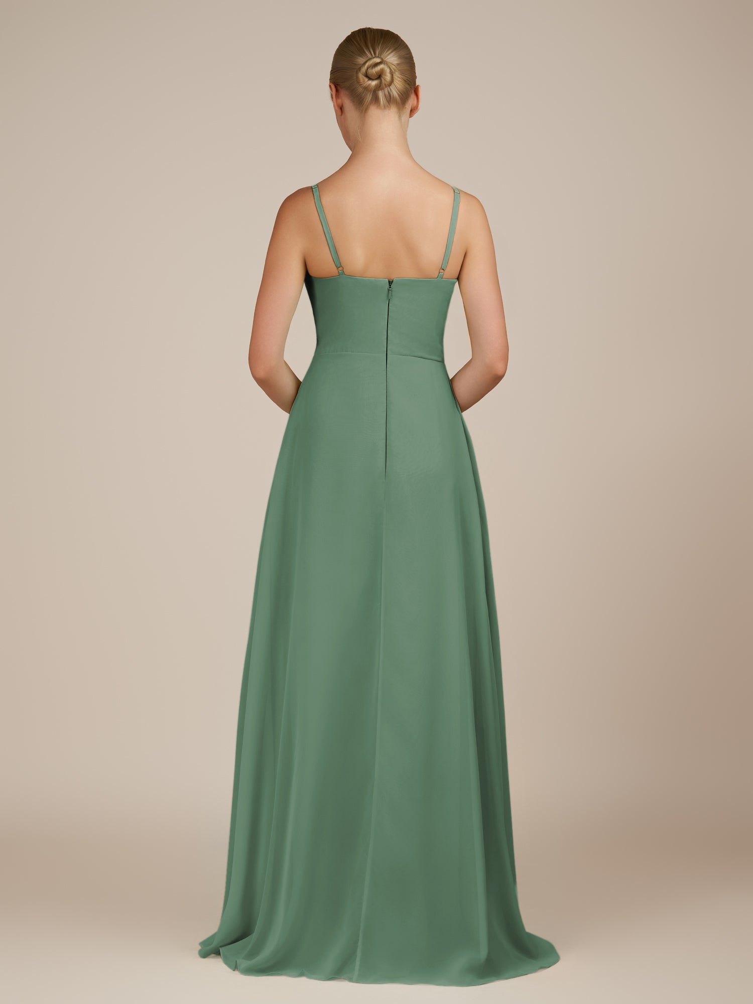 KissDress-Queniva Sea Glass Sheath Chiffon Spaghetti Straps Ruffles Long Bridesmaid Dress with Slit