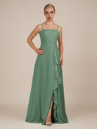 KissDress-Queniva Sea Glass Sheath Chiffon Spaghetti Straps Ruffles Long Bridesmaid Dress with Slit
