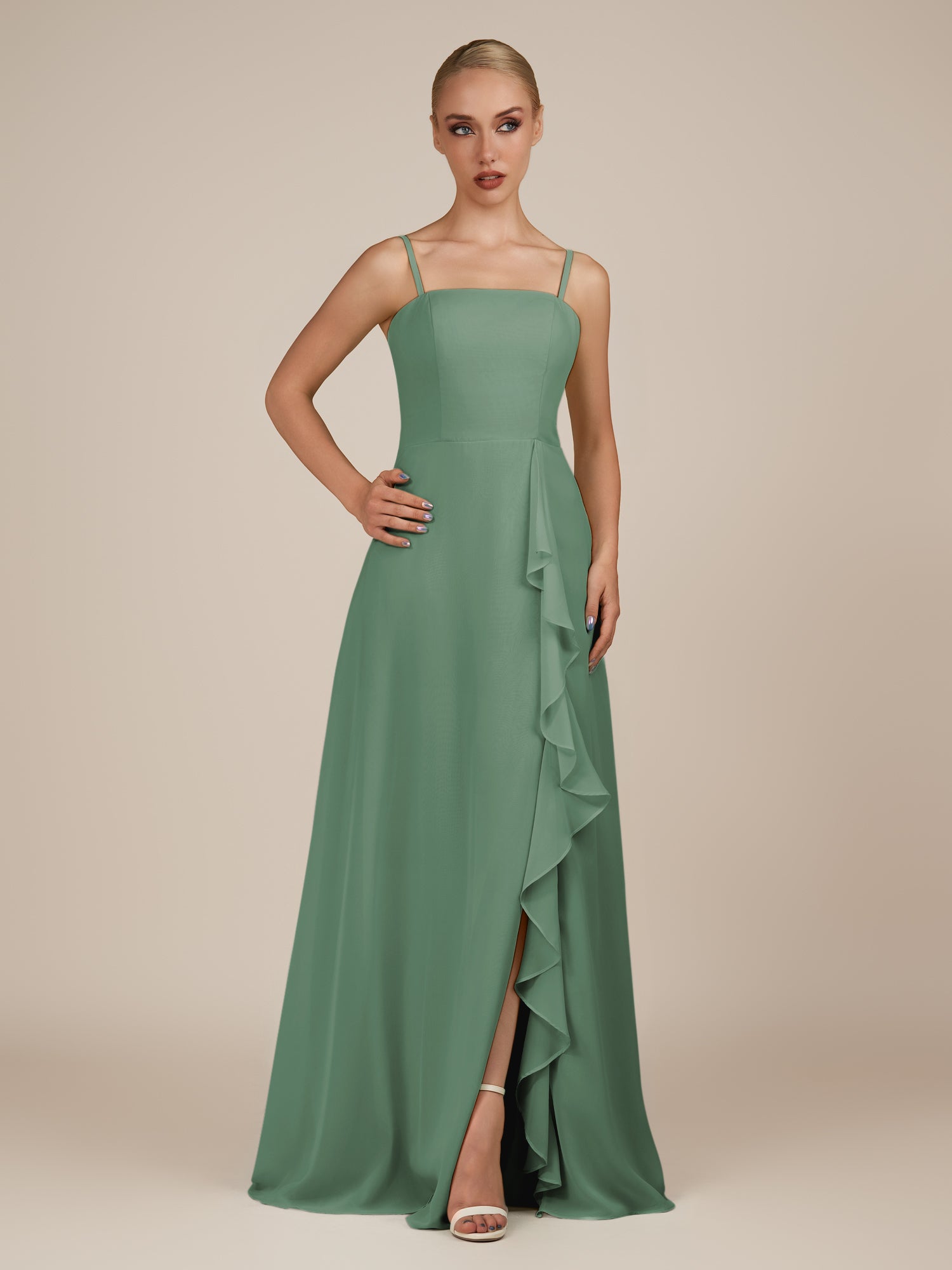 KissDress-Queniva Sea Glass Sheath Chiffon Spaghetti Straps Ruffles Long Bridesmaid Dress with Slit