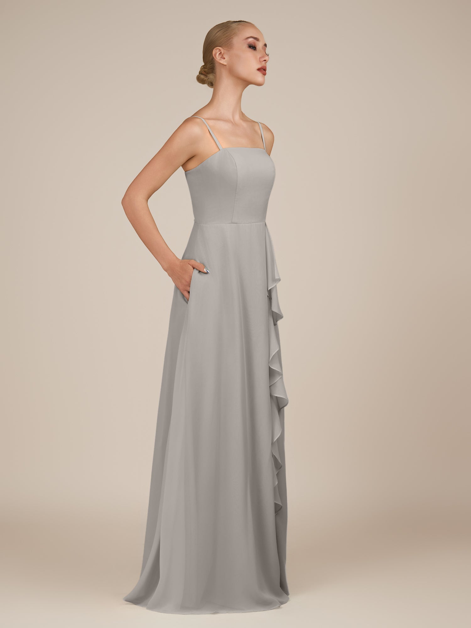 KissDress-Queniva Silver Sheath Chiffon Spaghetti Straps Ruffles Long Bridesmaid Dress with Slit