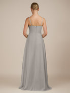 KissDress-Queniva Silver Sheath Chiffon Spaghetti Straps Ruffles Long Bridesmaid Dress with Slit