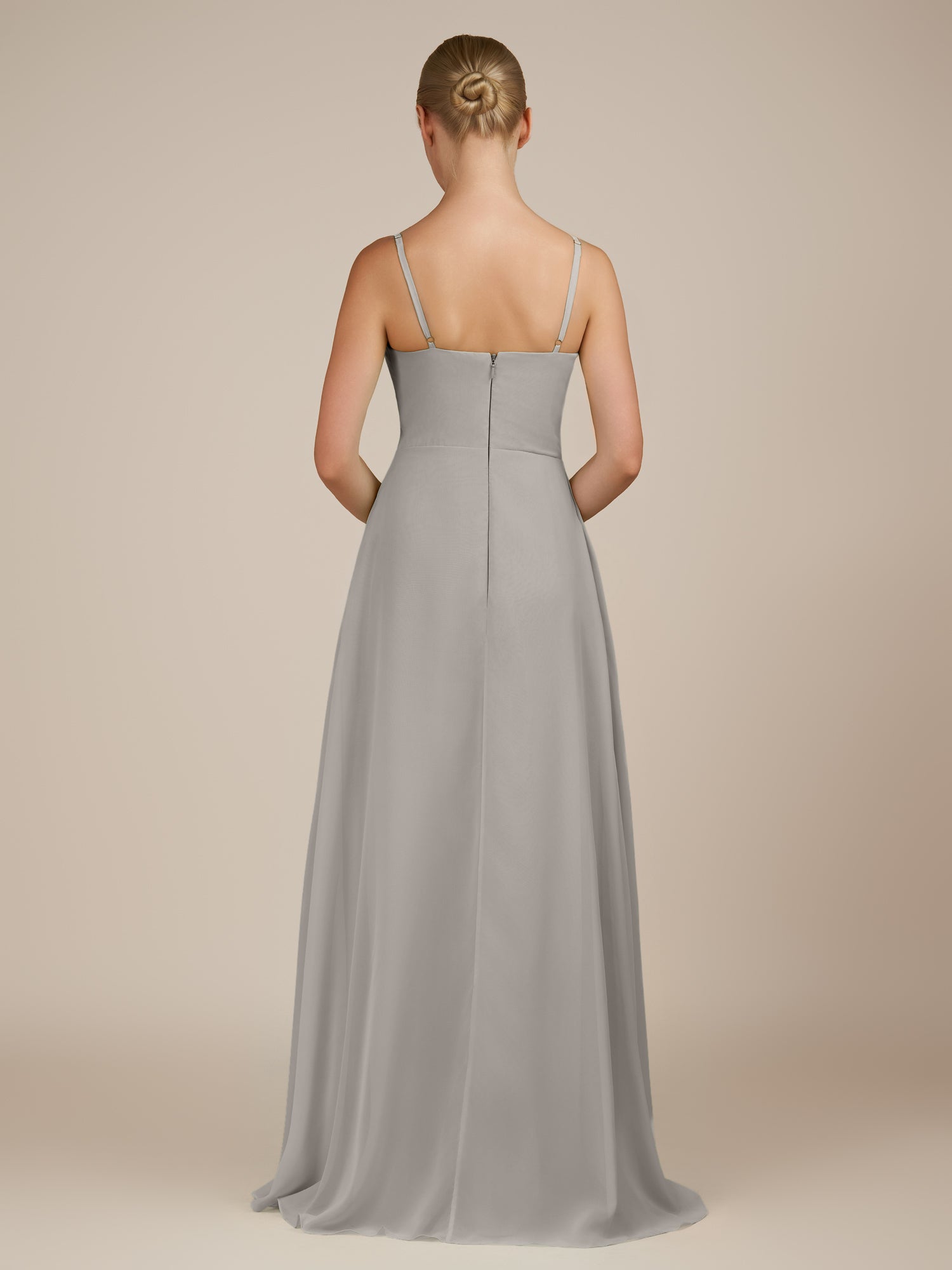 KissDress-Queniva Silver Sheath Chiffon Spaghetti Straps Ruffles Long Bridesmaid Dress with Slit