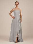 KissDress-Queniva Silver Sheath Chiffon Spaghetti Straps Ruffles Long Bridesmaid Dress with Slit