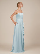 KissDress-Queniva Sky Blue Sheath Chiffon Spaghetti Straps Ruffles Long Bridesmaid Dress with Slit