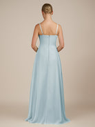 KissDress-Queniva Sky Blue Sheath Chiffon Spaghetti Straps Ruffles Long Bridesmaid Dress with Slit