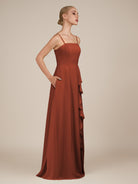 KissDress-Queniva Spice Sheath Chiffon Spaghetti Straps Ruffles Long Bridesmaid Dress with Slit