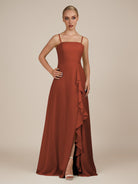 KissDress-Queniva Spice Sheath Chiffon Spaghetti Straps Ruffles Long Bridesmaid Dress with Slit