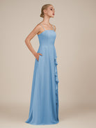 KissDress-Queniva Steel Blue Sheath Chiffon Spaghetti Straps Ruffles Long Bridesmaid Dress with Slit