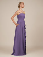 KissDress-Queniva Tahiti Sheath Chiffon Spaghetti Straps Ruffles Long Bridesmaid Dress with Slit