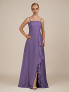 KissDress-Queniva Tahiti Sheath Chiffon Spaghetti Straps Ruffles Long Bridesmaid Dress with Slit