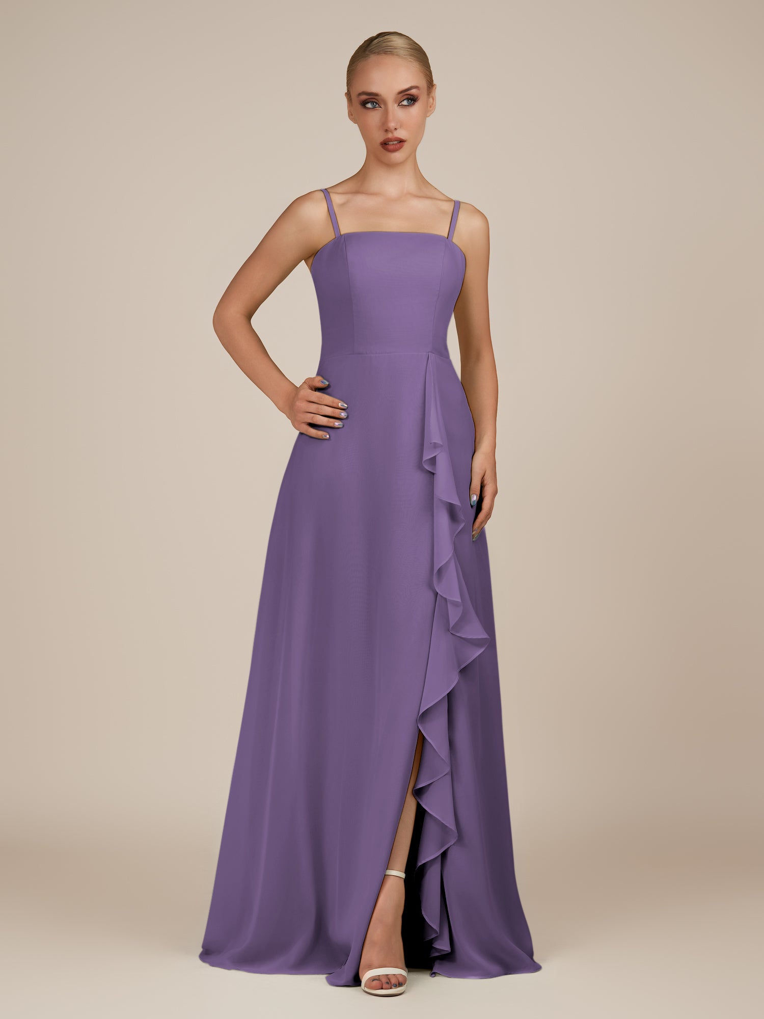 KissDress-Queniva Tahiti Sheath Chiffon Spaghetti Straps Ruffles Long Bridesmaid Dress with Slit