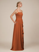 KissDress-Queniva Terracotta Sheath Chiffon Spaghetti Straps Ruffles Long Bridesmaid Dress with Slit