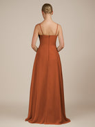 KissDress-Queniva Terracotta Sheath Chiffon Spaghetti Straps Ruffles Long Bridesmaid Dress with Slit