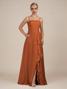 KissDress-Queniva Terracotta Sheath Chiffon Spaghetti Straps Ruffles Long Bridesmaid Dress with Slit