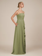 KissDress-Queniva Thyme Sheath Chiffon Spaghetti Straps Ruffles Long Bridesmaid Dress with Slit