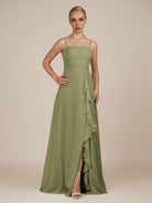 KissDress-Queniva Thyme Sheath Chiffon Spaghetti Straps Ruffles Long Bridesmaid Dress with Slit