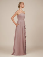 KissDress-Queniva Toffee Sheath Chiffon Spaghetti Straps Ruffles Long Bridesmaid Dress with Slit