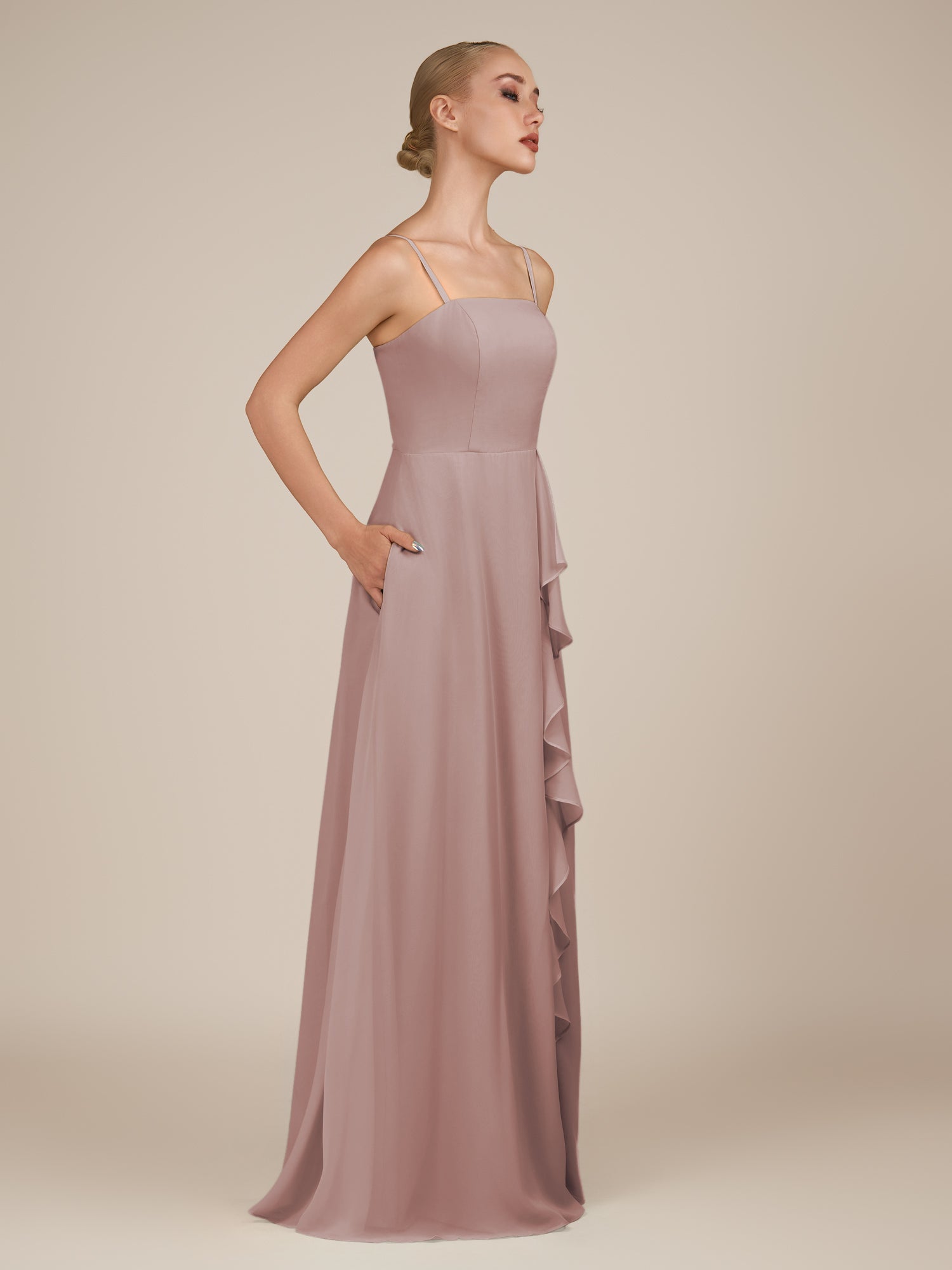 KissDress-Queniva Toffee Sheath Chiffon Spaghetti Straps Ruffles Long Bridesmaid Dress with Slit