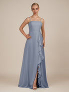 KissDress-Queniva Twilight Sheath Chiffon Spaghetti Straps Ruffles Long Bridesmaid Dress with Slit