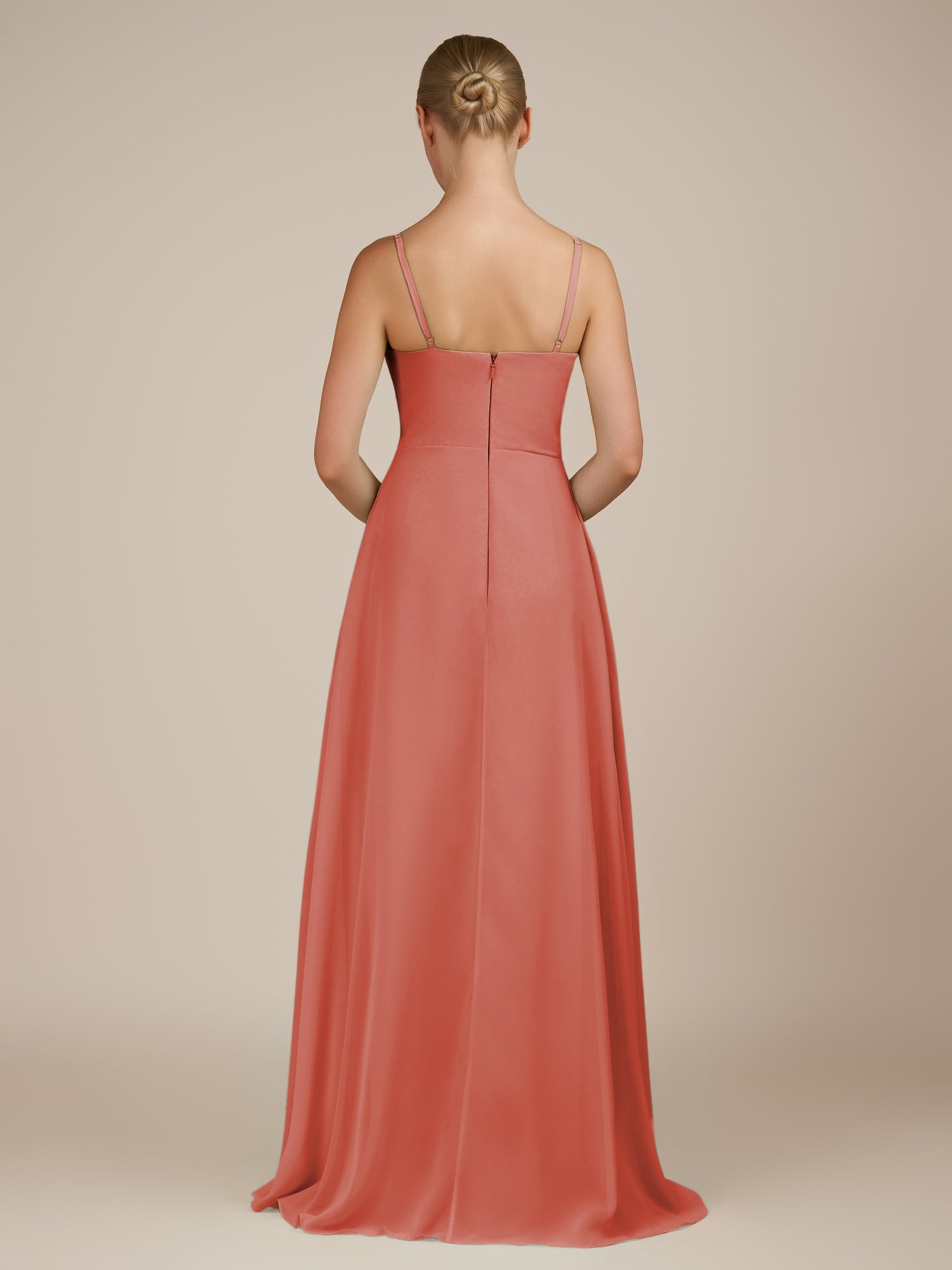 KissDress-Queniva Wild Rose Sheath Chiffon Spaghetti Straps Ruffles Long Bridesmaid Dress with Slit