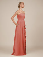 KissDress-Queniva Wild Rose Sheath Chiffon Spaghetti Straps Ruffles Long Bridesmaid Dress with Slit