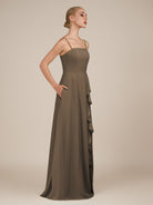 KissDress-Queniva Willow Green Sheath Chiffon Spaghetti Straps Ruffles Long Bridesmaid Dress with Slit