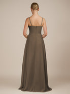 KissDress-Queniva Willow Green Sheath Chiffon Spaghetti Straps Ruffles Long Bridesmaid Dress with Slit