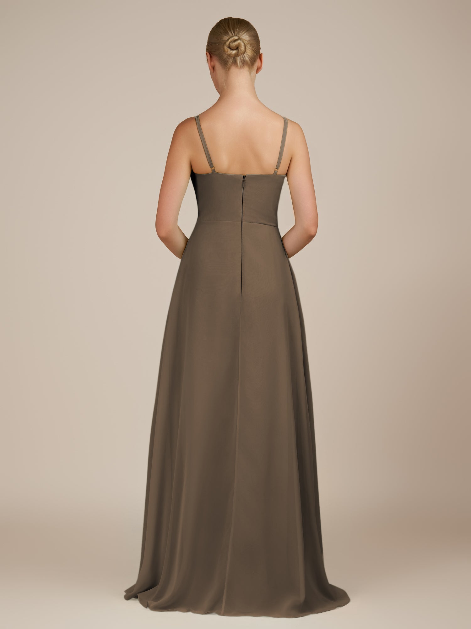 KissDress-Queniva Willow Green Sheath Chiffon Spaghetti Straps Ruffles Long Bridesmaid Dress with Slit